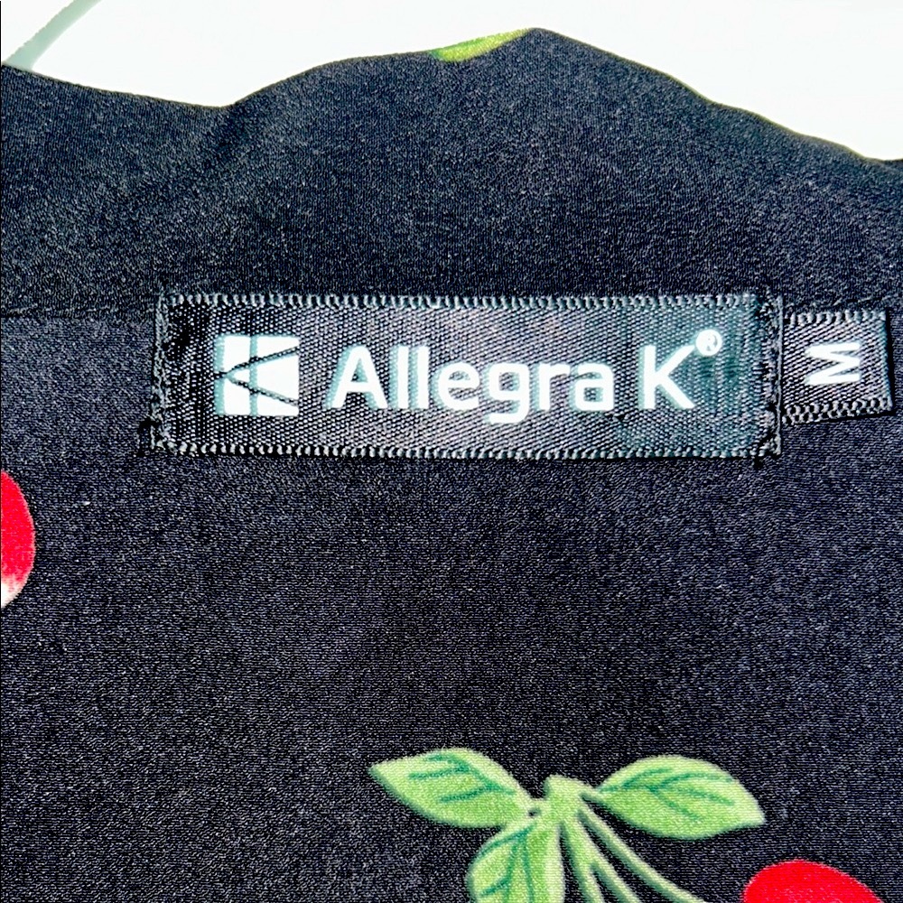 Allegra K Cherry Print Bow Tie Short Sleeve Black Chiffon Blouse | M - Picture 6 of 7